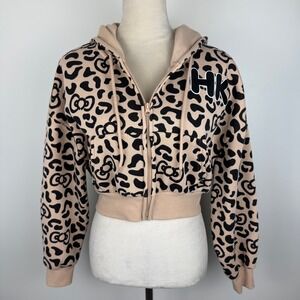 Hello Kitty by Sanrio Leopard Print Cropped Zip Up Hoodie Tan Black HK Patch Med